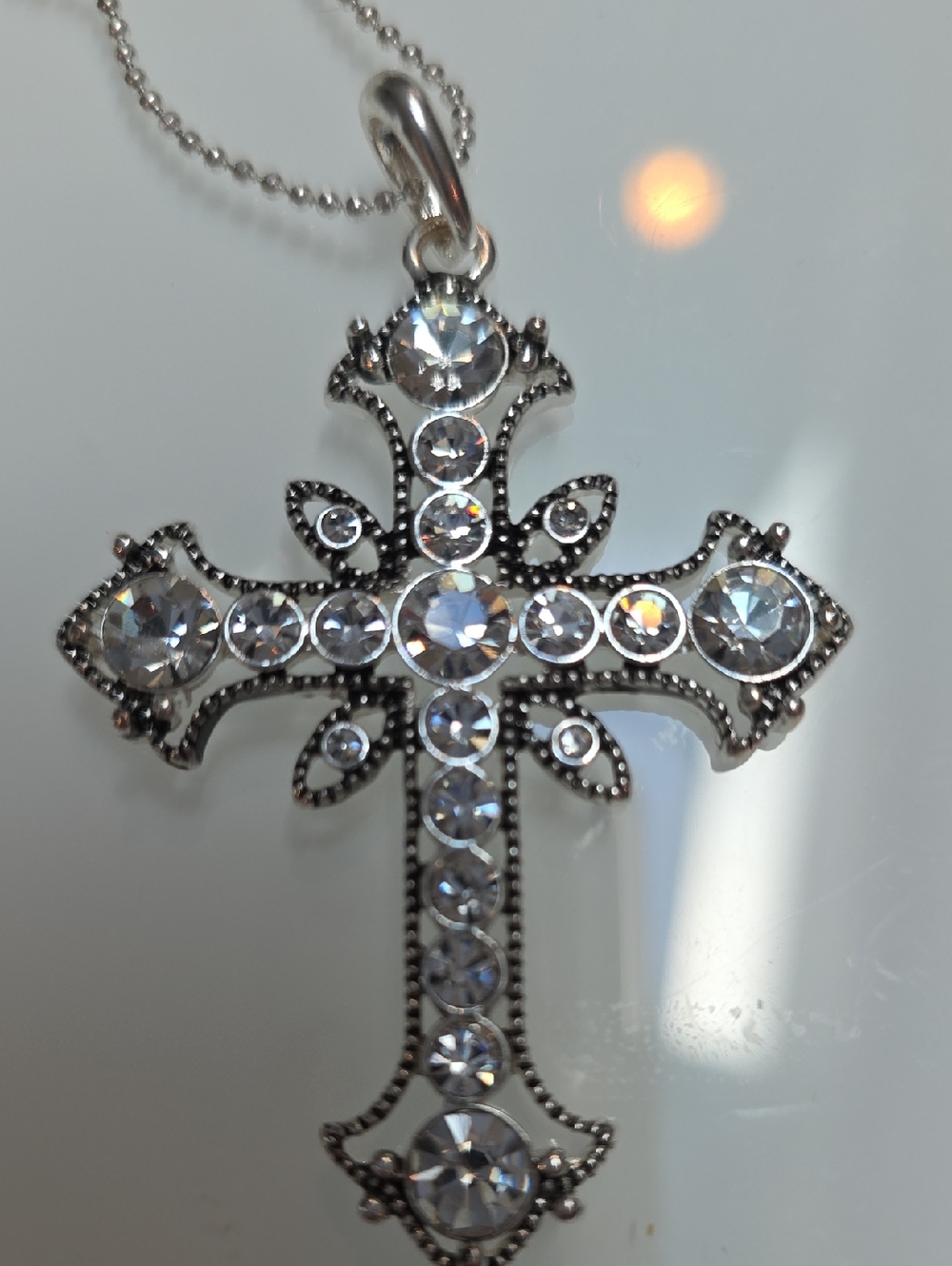 Silver Crystal Cross Pendant Necklace - Clear Silver